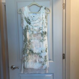 Tempo Paris Asymmetrical Dress in Green and Cream